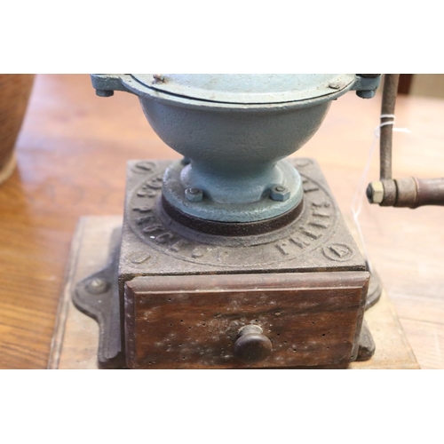332 - Antique Peugeot iron coffee grinder, approx 32cm H