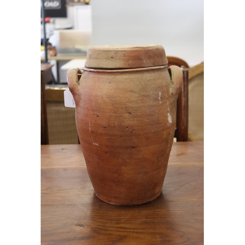 333 - Antique French twin handled confit pot with lid, approx 34cm H x 25cm W