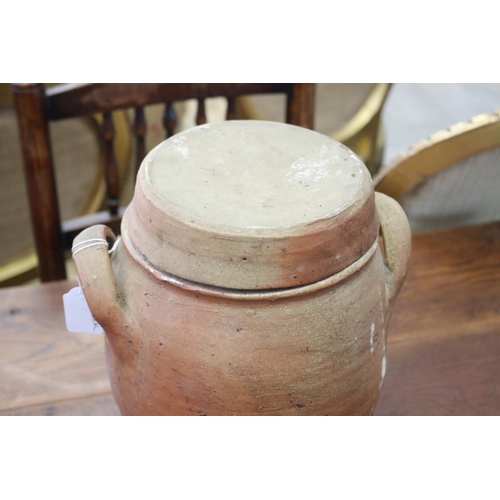 333 - Antique French twin handled confit pot with lid, approx 34cm H x 25cm W