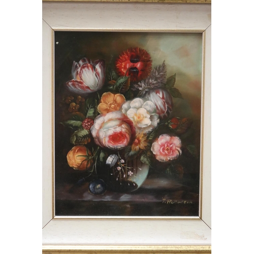 429 - T Robinson, still life, oil on board, signed lower right, approx 24.5cm x 19.5cm