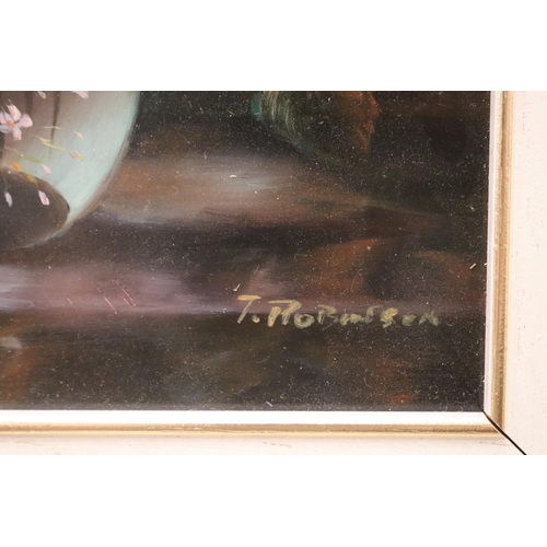 429 - T Robinson, still life, oil on board, signed lower right, approx 24.5cm x 19.5cm