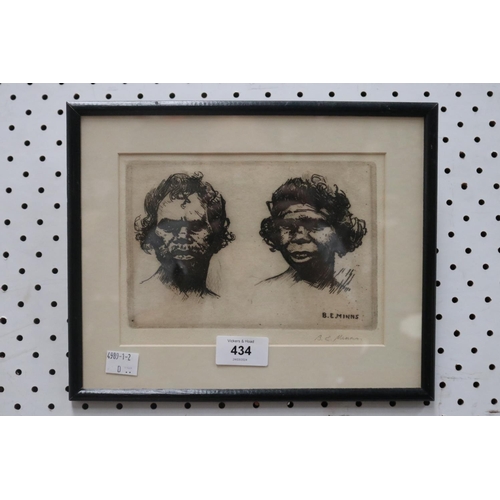 434 - Benjamin Edwin Minns (1864-1937) Australia, Etching, two Australian Aboriginal heads, signed on the ... 