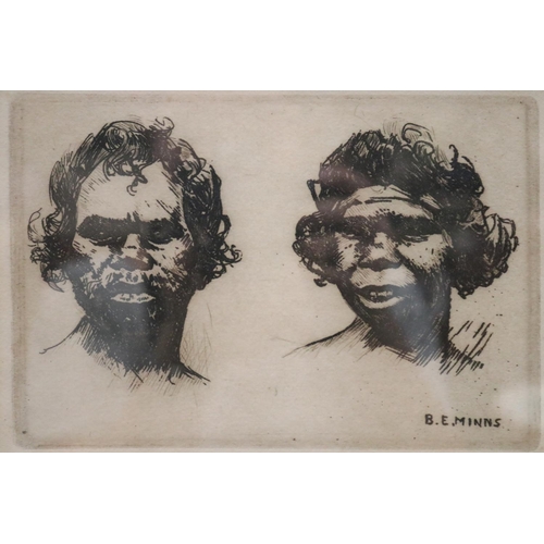 434 - Benjamin Edwin Minns (1864-1937) Australia, Etching, two Australian Aboriginal heads, signed on the ... 