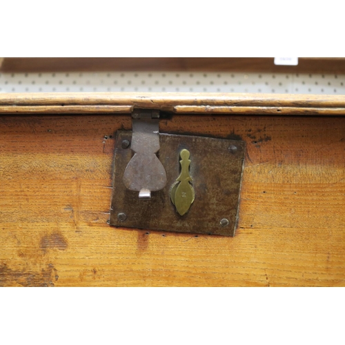 447 - Antique English late 17th century six plank pine coffer, approx 49cm H x 125cm W x 35cm D