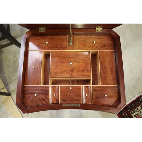 449 - Fine Antique William IV flame mahogany work table, with fitted interior, carved acanthus leaf centra... 