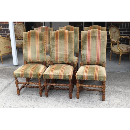 263 - Set of six antique French oak Louis XIII high back chairs, brass studded upholstery, turned legs and... 
