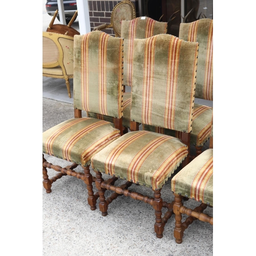263 - Set of six antique French oak Louis XIII high back chairs, brass studded upholstery, turned legs and... 