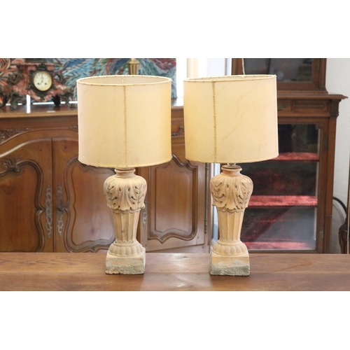276 - Pair of stone balaster base lamps with drum shaped parchment shapes, each approx 54cm H (2)