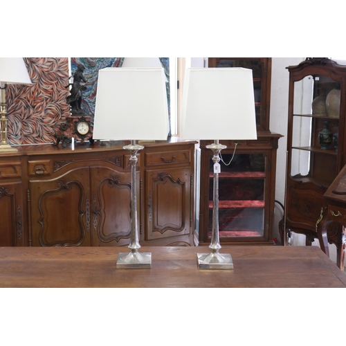 282 - Pair of tall chrome square based lamps with parchment shades, each approx 86cm H (2)