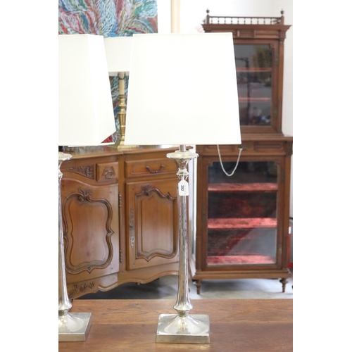 282 - Pair of tall chrome square based lamps with parchment shades, each approx 86cm H (2)
