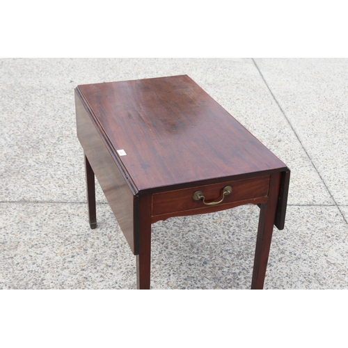 301 - Antique English George III mahogany pembroke table, fitted in s single long drawer, standing on squa... 