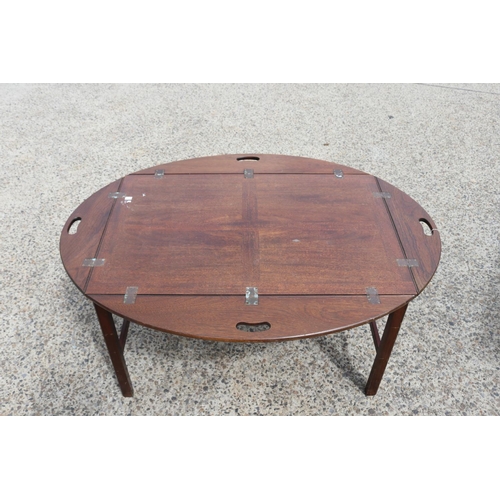 302 - Large Georgian style size butlers tray on stand, four folding sides, with cut out carry handles, app... 