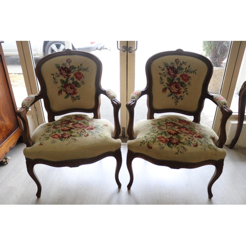 303 - Pair of French Louis XV revival armchairs, floral wool work upholstery (2)