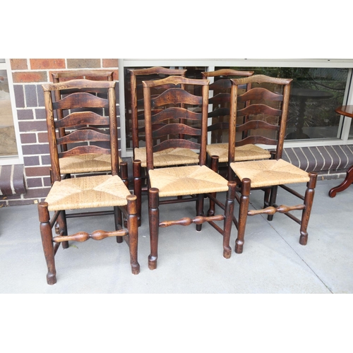 305 - Set of six antique English ash & elm rush seated ladder back dining chairs (6)
