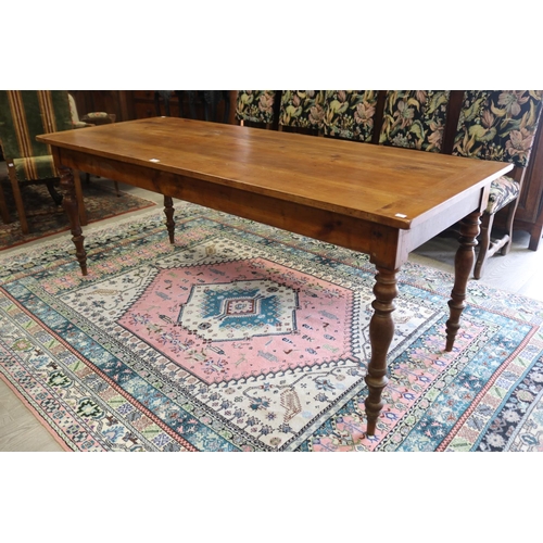 306 - Antique 19th century French fruitwood country table, standing on turned legs, with single cutlery dr... 