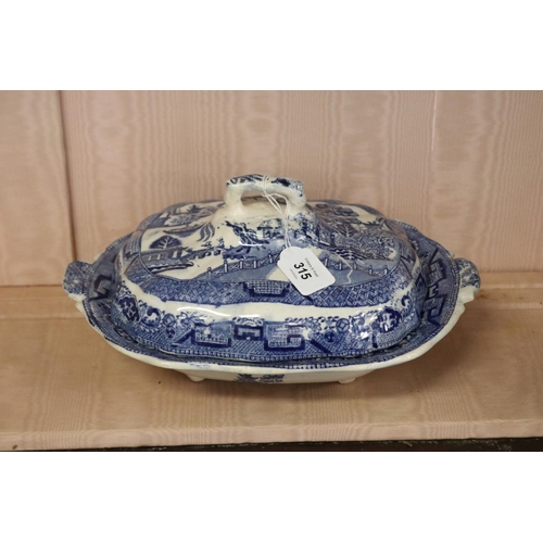 315 - Antique willow pattern blue and white lidded tureen, approx 31cm W x 24cm D