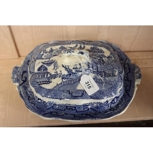 315 - Antique willow pattern blue and white lidded tureen, approx 31cm W x 24cm D