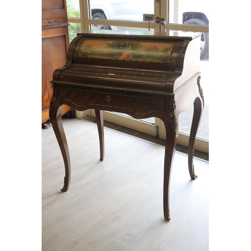324 - Vintage French Louis XV style ladies writing desk, with a painted classical panel front. The drawer ... 