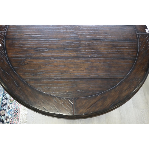 326 - Antique style circular wooden topped dining table with wrought iron base, approx 76cm H x 142cm Dia