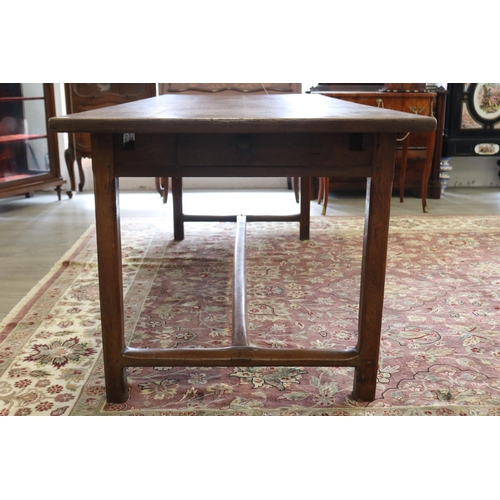 329 - Antique 19th century French oak country table, standing on stretcher base, with multiple drawers, ap... 