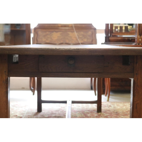 329 - Antique 19th century French oak country table, standing on stretcher base, with multiple drawers, ap... 