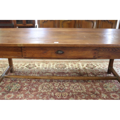 329 - Antique 19th century French oak country table, standing on stretcher base, with multiple drawers, ap... 