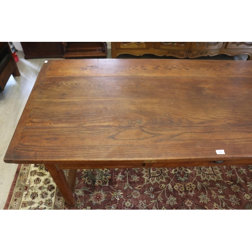 329 - Antique 19th century French oak country table, standing on stretcher base, with multiple drawers, ap... 