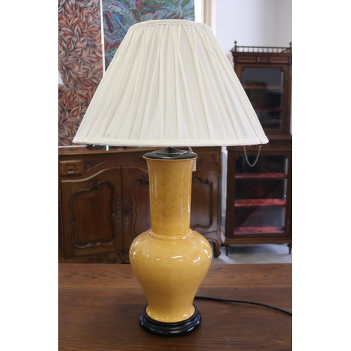 337 - Chinese yellow glazed pottery vase table lamp with shade, approx 78cm H