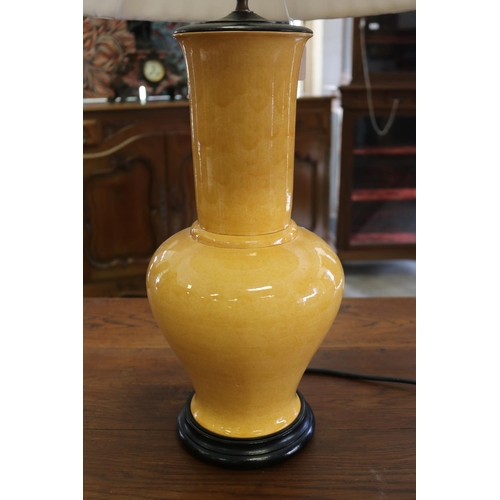 337 - Chinese yellow glazed pottery vase table lamp with shade, approx 78cm H
