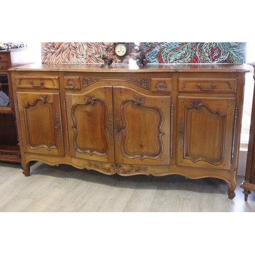 343 - French Louis XV style cherrywood enfilade buffet, approx 105cm H x 200cm W x 58cm D
