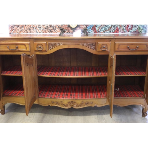 343 - French Louis XV style cherrywood enfilade buffet, approx 105cm H x 200cm W x 58cm D