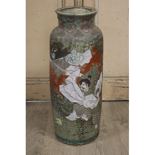 355 - Antique Japanese green glazed pottery cylinder floor vase, decorated with Samurai, approx 67cm H