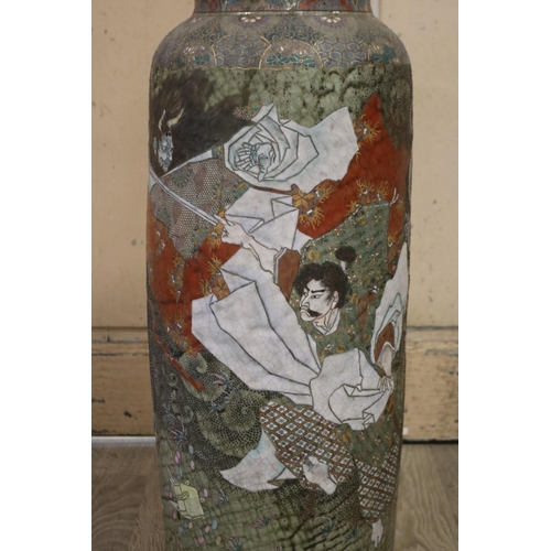 355 - Antique Japanese green glazed pottery cylinder floor vase, decorated with Samurai, approx 67cm H