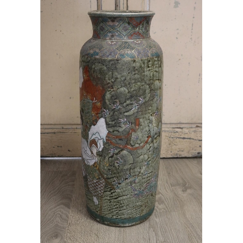 355 - Antique Japanese green glazed pottery cylinder floor vase, decorated with Samurai, approx 67cm H