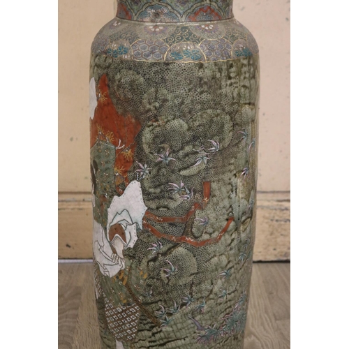 355 - Antique Japanese green glazed pottery cylinder floor vase, decorated with Samurai, approx 67cm H