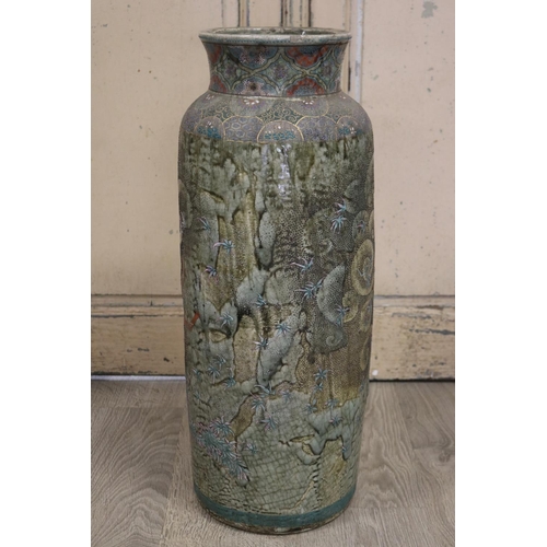 355 - Antique Japanese green glazed pottery cylinder floor vase, decorated with Samurai, approx 67cm H