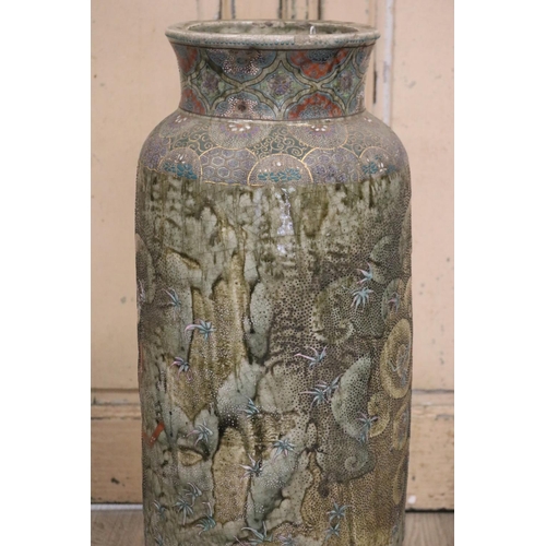 355 - Antique Japanese green glazed pottery cylinder floor vase, decorated with Samurai, approx 67cm H