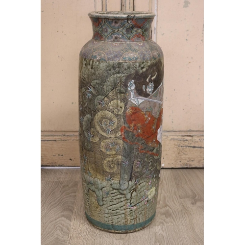 355 - Antique Japanese green glazed pottery cylinder floor vase, decorated with Samurai, approx 67cm H