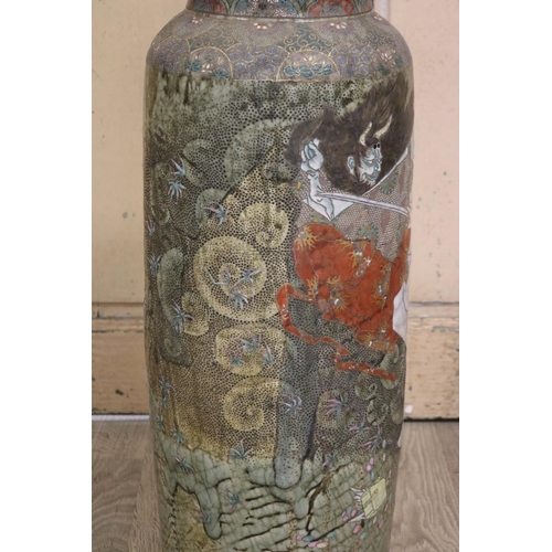 355 - Antique Japanese green glazed pottery cylinder floor vase, decorated with Samurai, approx 67cm H