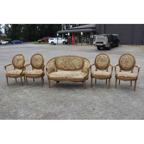 356 - Antique 19th century French giltwood five piece lounge suite, upholstered with Aubusson needlework u... 