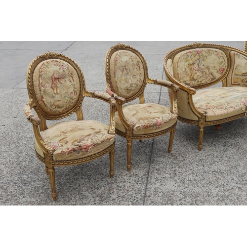 356 - Antique 19th century French giltwood five piece lounge suite, upholstered with Aubusson needlework u... 