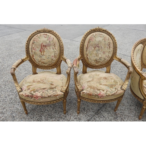 356 - Antique 19th century French giltwood five piece lounge suite, upholstered with Aubusson needlework u... 