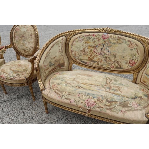 356 - Antique 19th century French giltwood five piece lounge suite, upholstered with Aubusson needlework u... 