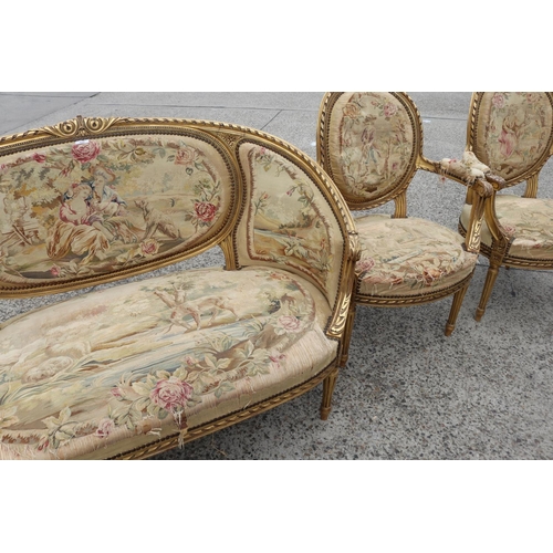 356 - Antique 19th century French giltwood five piece lounge suite, upholstered with Aubusson needlework u... 