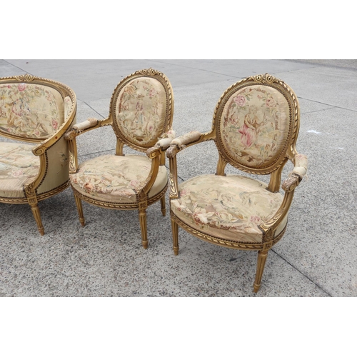 356 - Antique 19th century French giltwood five piece lounge suite, upholstered with Aubusson needlework u... 