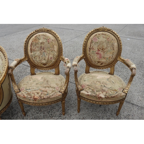 356 - Antique 19th century French giltwood five piece lounge suite, upholstered with Aubusson needlework u... 