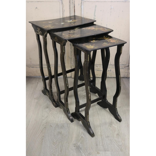 357 - Antique black lacquer chinoiserie Nest of three  tables, approx 71cm H x 48cm W x 32cm D and smaller