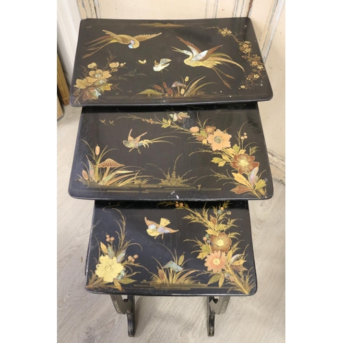 357 - Antique black lacquer chinoiserie Nest of three  tables, approx 71cm H x 48cm W x 32cm D and smaller