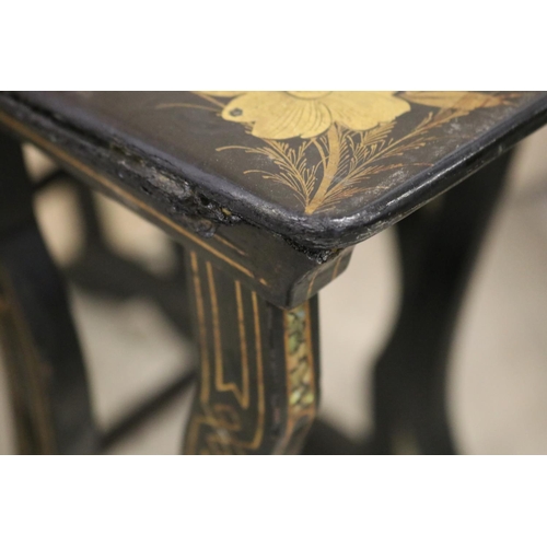 357 - Antique black lacquer chinoiserie Nest of three  tables, approx 71cm H x 48cm W x 32cm D and smaller