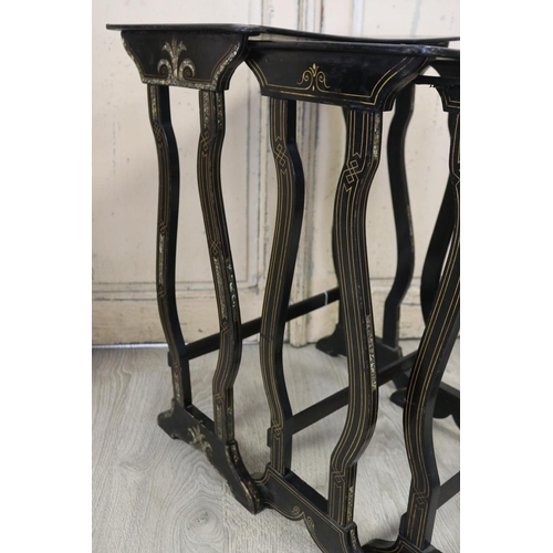 357 - Antique black lacquer chinoiserie Nest of three  tables, approx 71cm H x 48cm W x 32cm D and smaller